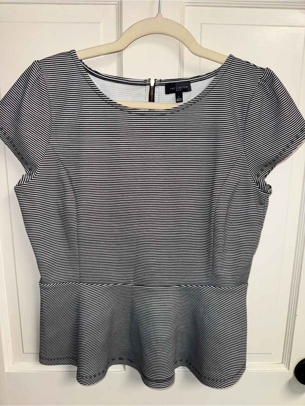 The Limited Black & White Striped Peplum Top with Back Zip